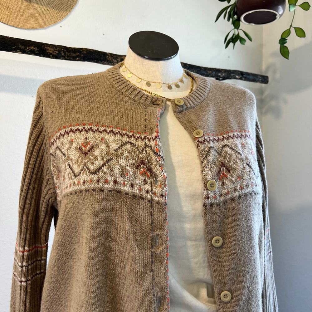Woolrich Tan Fair Isle Cotton Woven Knit Button Cardigan Sweater Size 2X - Picture 2 of 11